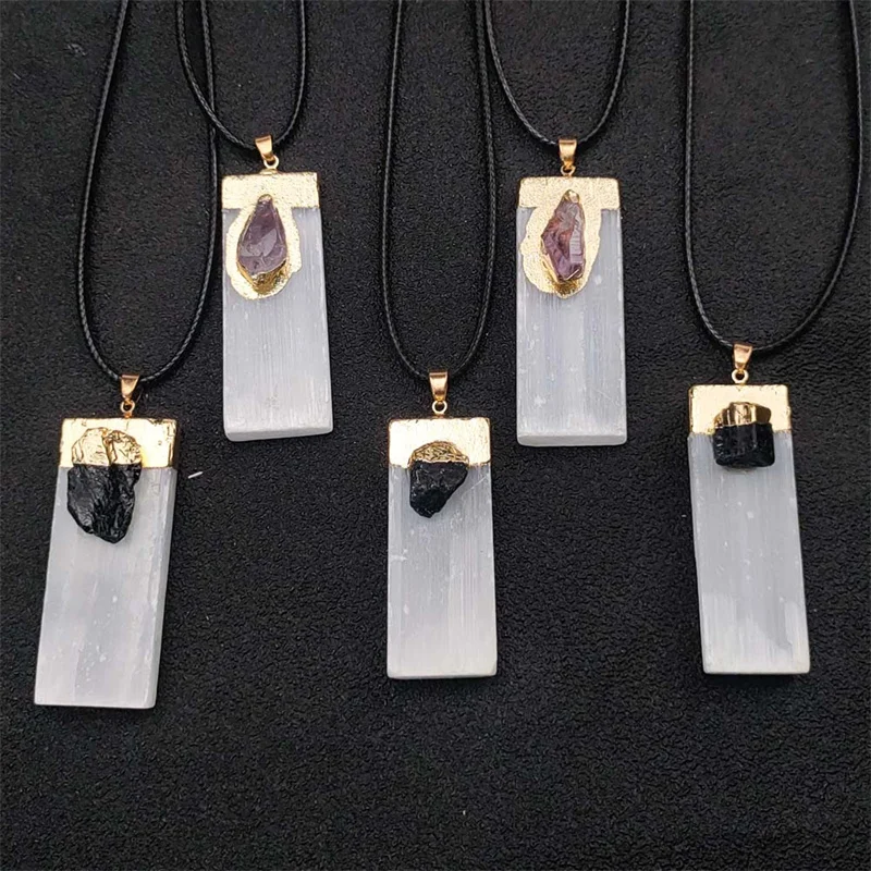 natural car pendant hanging moroccan selenite stick amethyst black tourmaline selenite charing plate wand stick pendant necklace