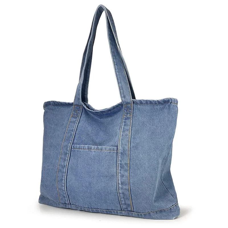 Wholesale Custom Logo Eco Recycled Fashion Denim Fabric Grocery Jean Tote Bags Denim Tote Bag