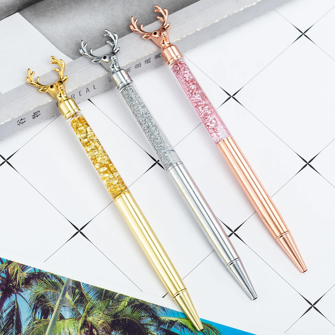 Most popular promotion item christmas theme deer shape liquid floating glitter ball pen
