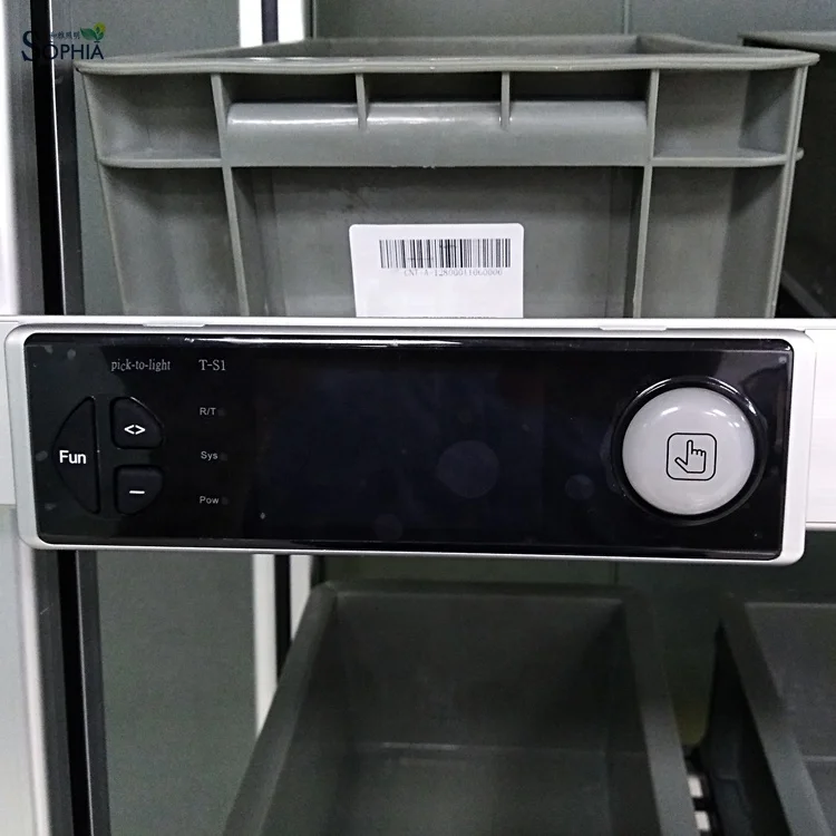 Sophia storage bin pick to light PTL modules with screen display for rack shelf