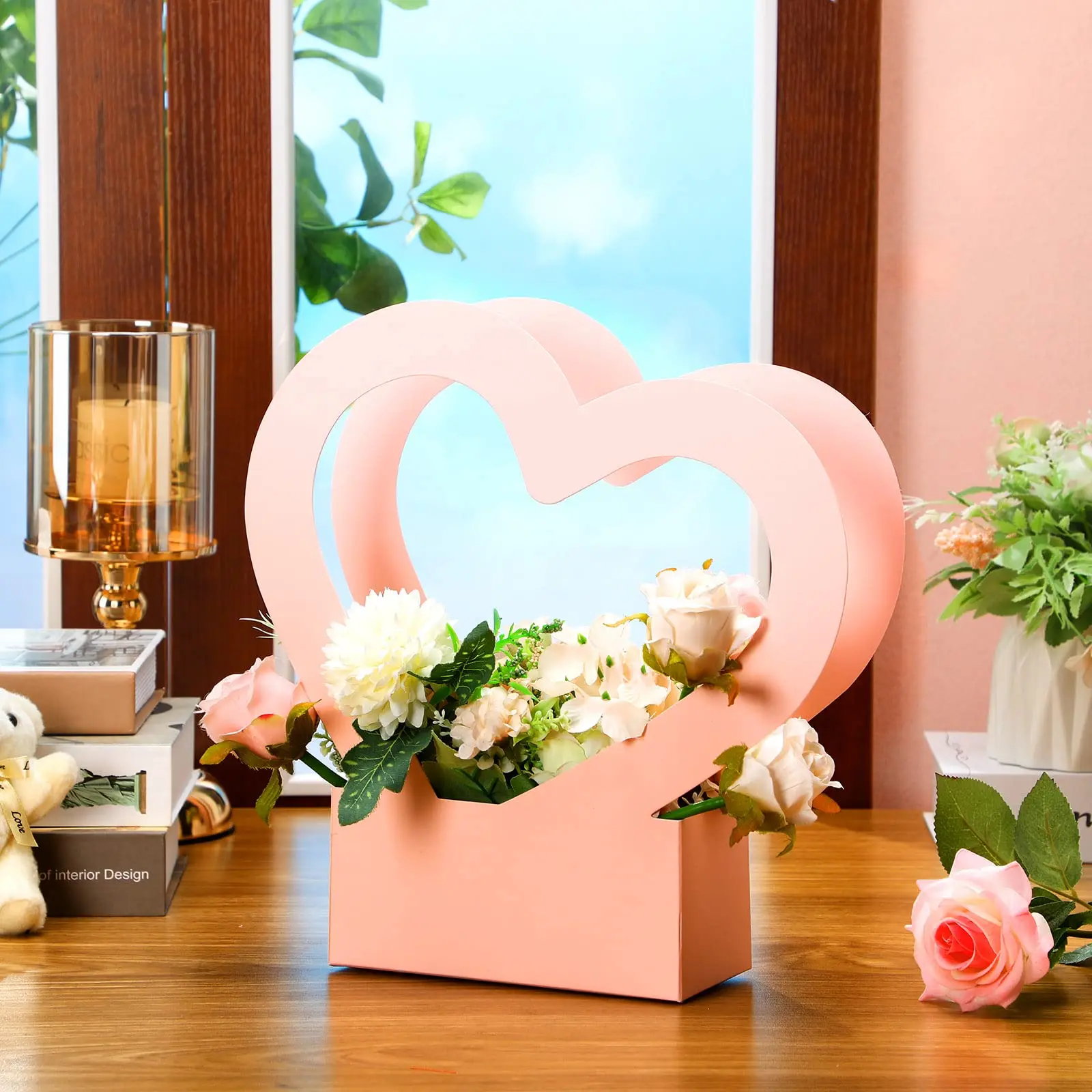 High Quality Heart-Shaped Tote Gift Flower Paper Customized Arrangement Packaging Box for Roses Plant Bouquets
