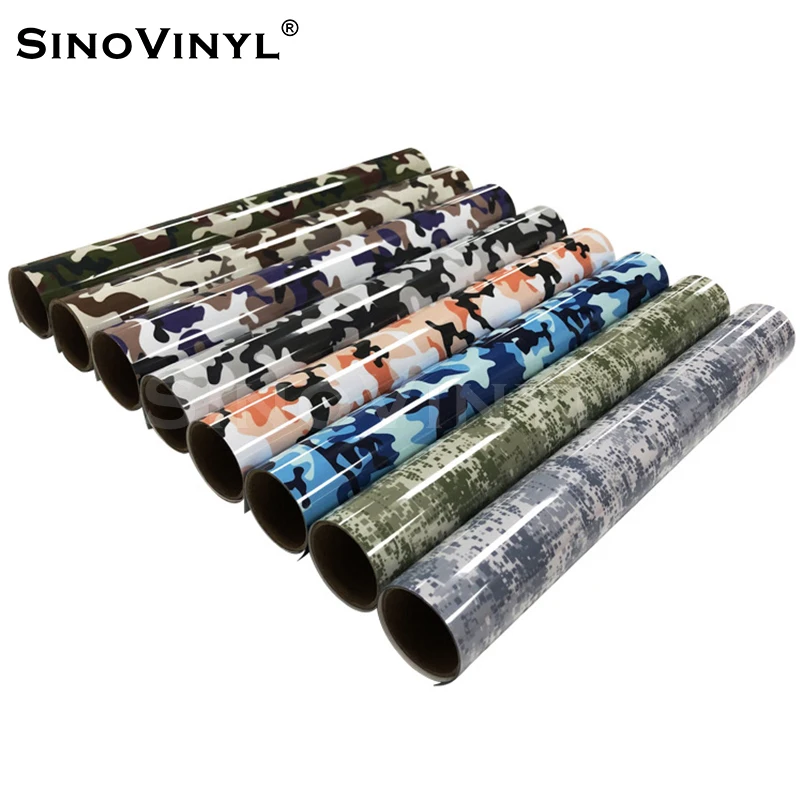 SINOVINYL 0.5x25M Free Sample PU Heat Transfer Camouflage HTV Press Pattern Vinyl Self Cutting Transfer Film For Hats