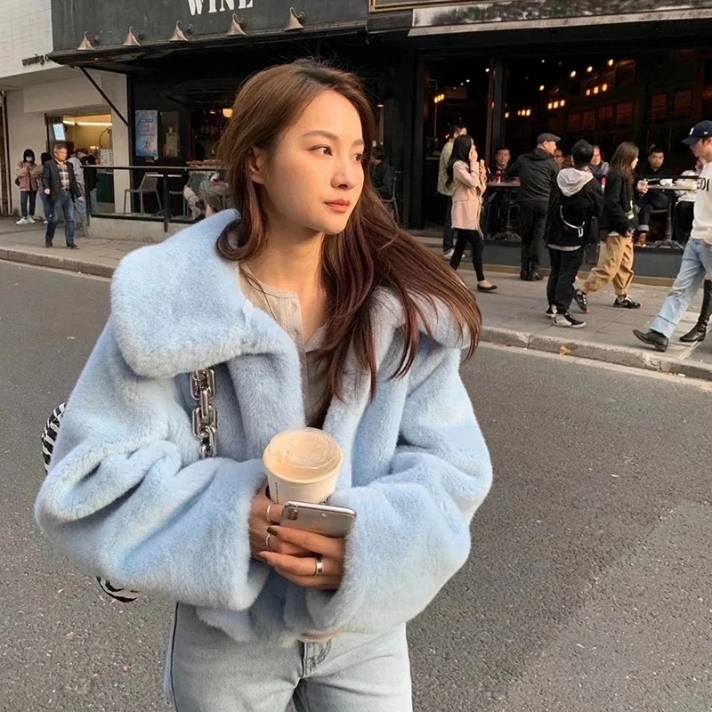 Korean Clothes  Women Winter Coats Cropped Top Faux Rabbit Fur Short Jacket Plus Size Fur Coat For Women