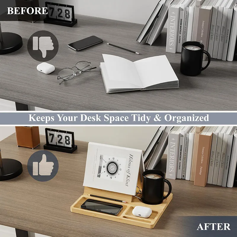 Bamboo Multipurpose Organizer Book Stand Holder with Resting Feature for Glasses and Pens Bookends