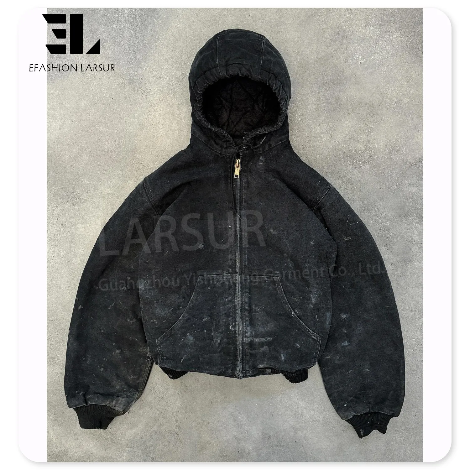 LARSUR Custom factory duck canvas boxy bomber work jacket with hood zipper up distress dirty wash workers workwear canvas hoodie