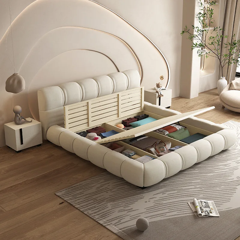 Kainice Italian Design Beige Technology Flannelette Tatami Bed King Size Gas Lift Storage Bed Wooden Frame