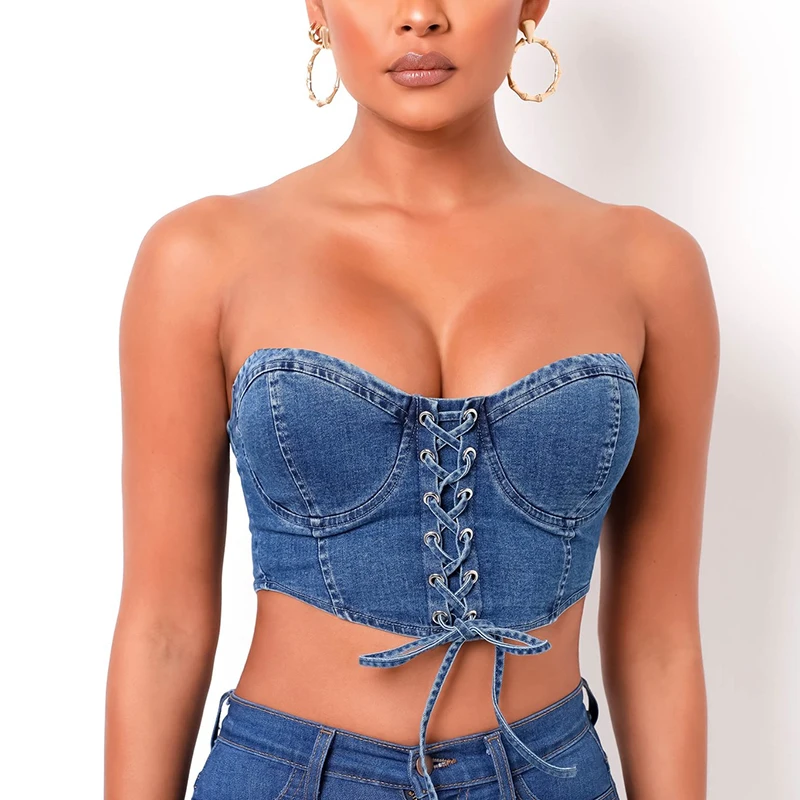 Sexy Casual Summer Women Removable Straps Lace Up Chest Pad Denim Crop Top Camisole Womens Tube Top