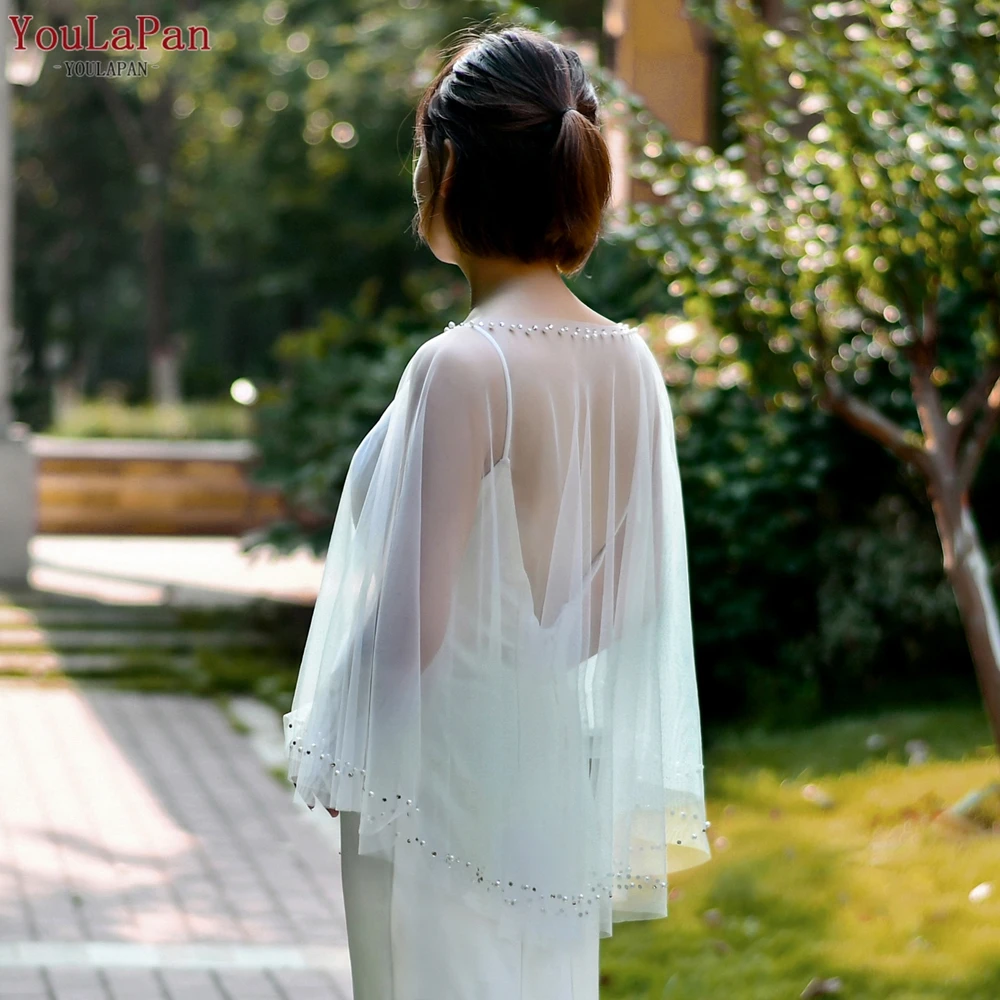 YouLaPan VG27B Wholesale Women Bolero Rhinestone Pearl Thread Round Neck Pullover Cover Up Bridal Wedding Dress Tulle Shawl Cape