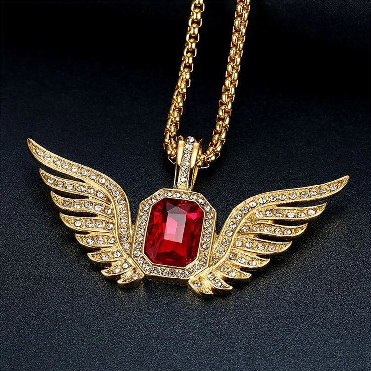 Hip Hop Mens Gold Plated Gemstone Jewelry Wholesale Big Rectangle Crystal Stone Angel Wing Necklace Pendant