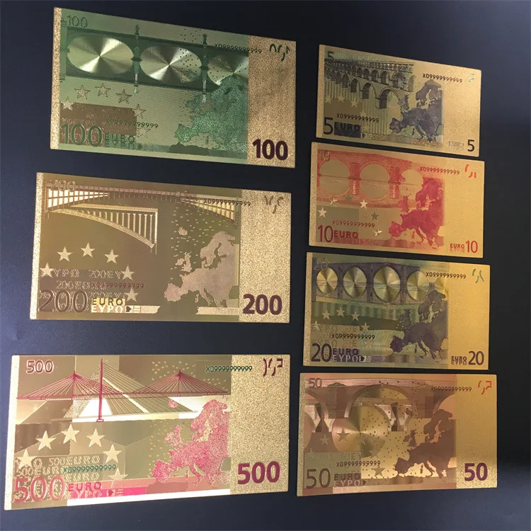 XR 7pcs/set Euro  banknotes 7 pieces 24k silver foil 5, 10, 20, 50, 100, 200, 500 EUROS  bills for Kids Educational