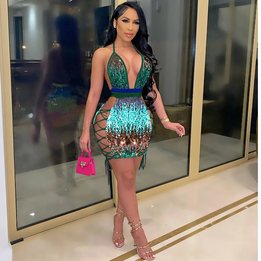 JY032 Hot selling green sequin dress sexy deep v neck women sleeveless mini lace up club dress