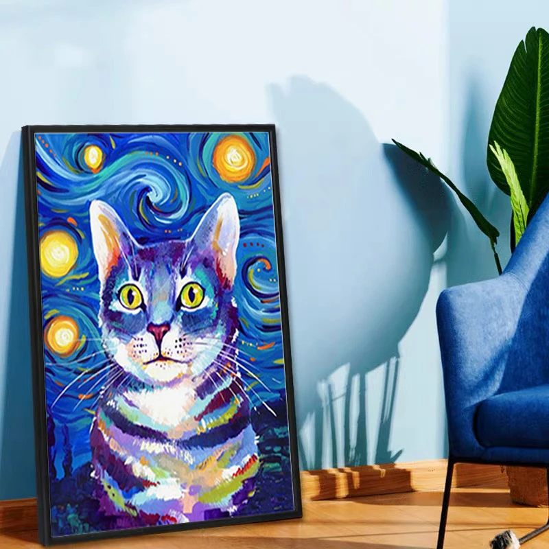 Van Gogh Blue Starry Cat Posters and Prints Graffiti Animal Canvas Paintings Wall Art Picture for Living Room Home Decor Cuadros