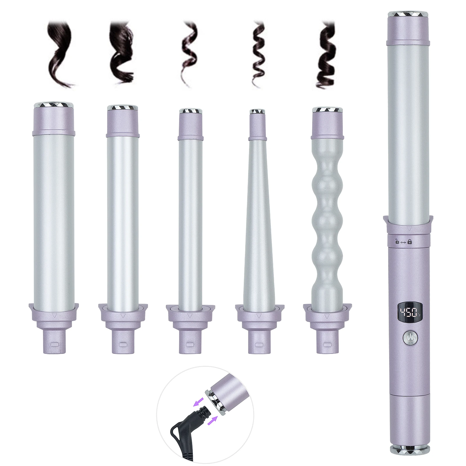 Interchangeable heating barrel hair curler set,  curling wand with patent detachable power cord