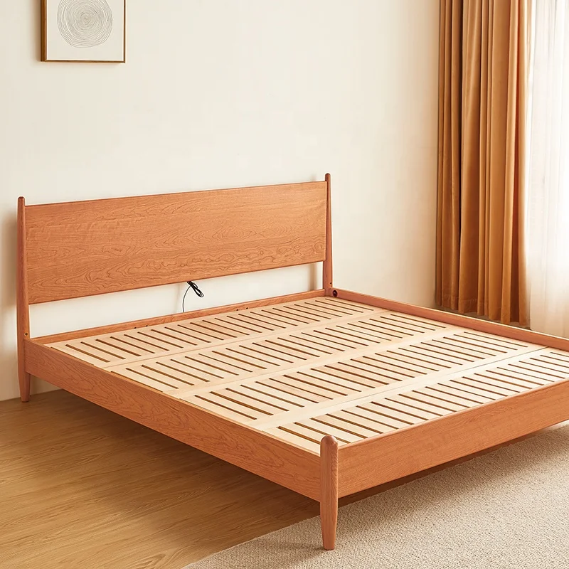 Cherry Solid Wood Simple Queen Bed Japanese Style White Oak Double King Bed with USB Interface