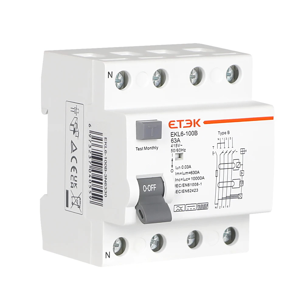 ETEK EKL6-100B type B RCCB circuit breakers  4p(3p+n) RCD 30mA 63A With TUV certificate  RCCB