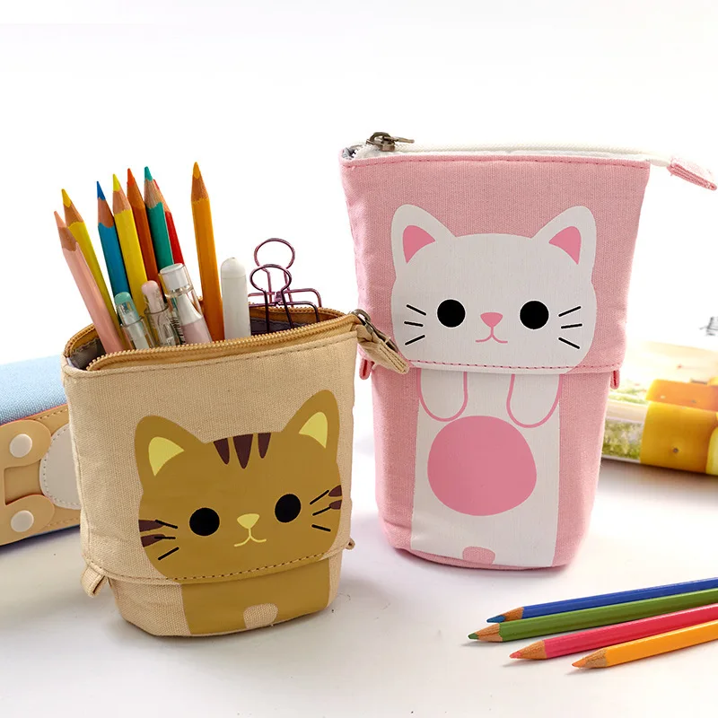 Korean Stationery Cute MultiFunction Retractable Pen Holder Cat Animal Canvas Kawaii Pencil Case Pouch For Girls (1600736050939)
