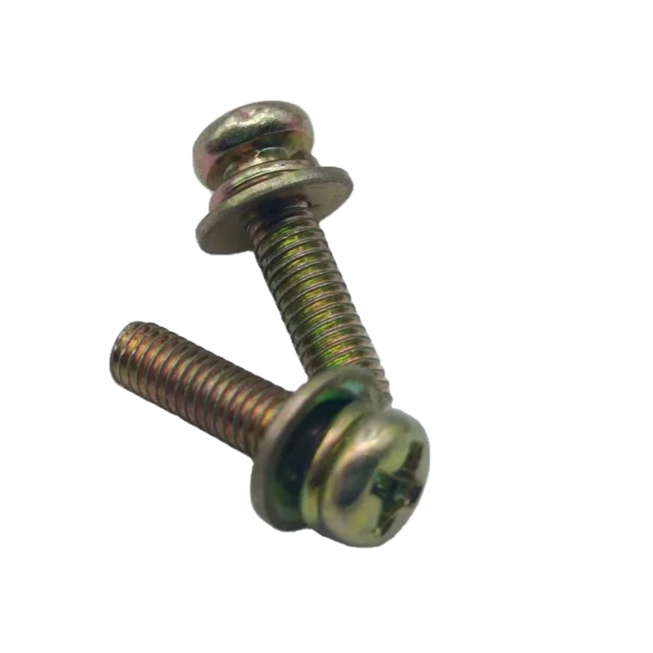 M3X12 Steel Cross Pan Head Bolts with Flat Spring Washer Three Combination Colored Zinc Plated Screws