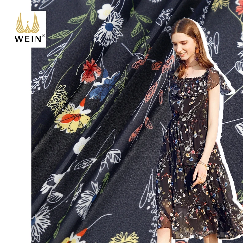 WI-A08 Newest small florals navy design 100 polyester stock pearl chiffon fabric for dress