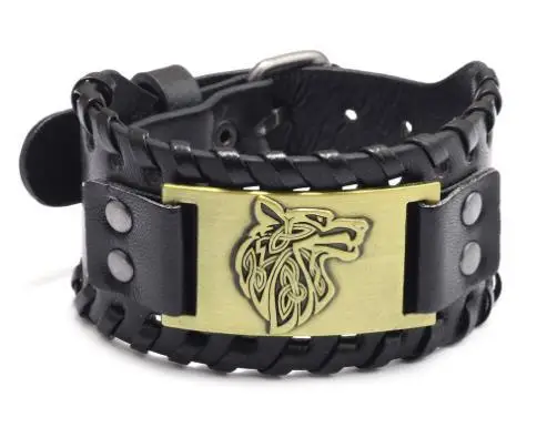 Fashion Punk PU Adjustable hip hop 18k cross open cuff bracelet Wolf Totem Pirate Compass Rune Triangle Viking Bracelets