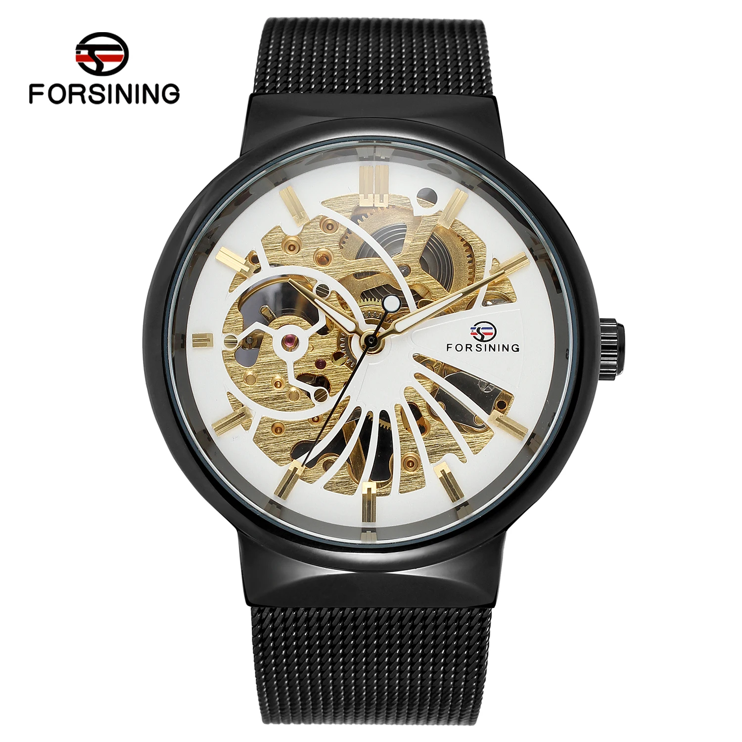 2024 Forsining Fashion Men Gold Color  mechanical Skeleton Watch With Mesh Band for man