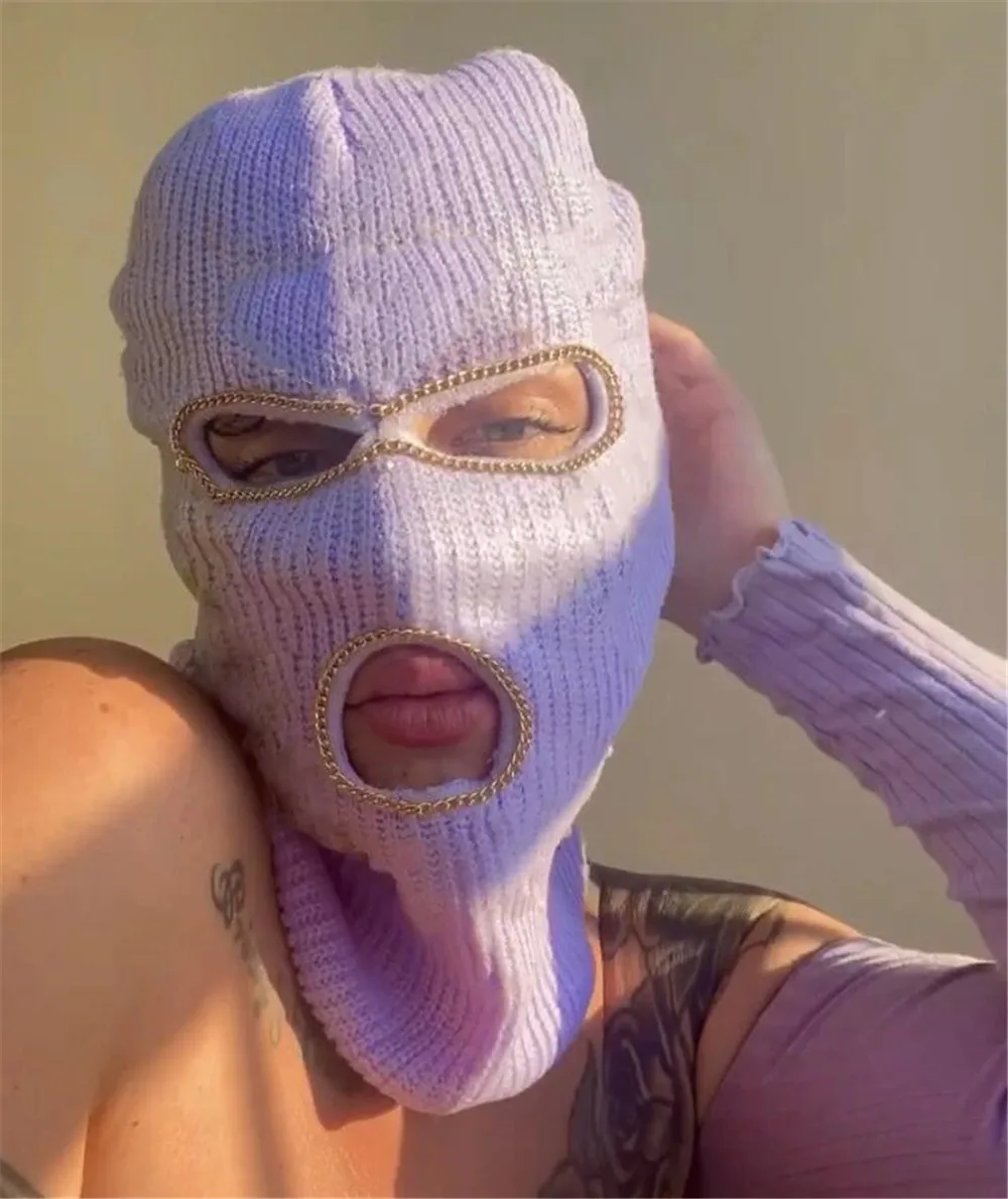 Оптовая продажа, закрывающая на все лицо Лыжная маска, зимняя Балаклава с 3 отверстиями, лыжная маска с металлической цепочкой