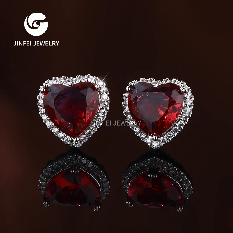 Hot Sale Red heart Shape Large Gemstones Ear Stud Silver Plated Jewelry Earrings