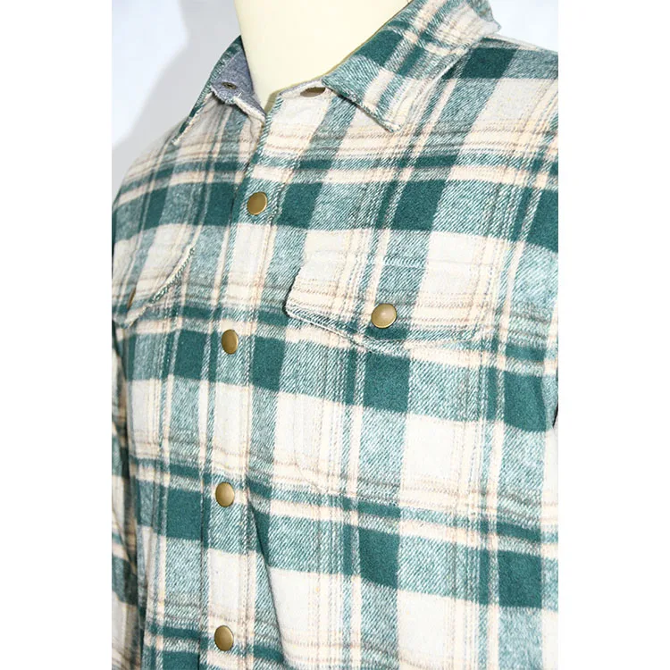 MENS HEAVY WINTER SHIRT IN HEAVY WOVEN POLY WOOL FLANNEL AND LINED UP WITH SOFT SHERPA  GREEN GEIGE PLAID
