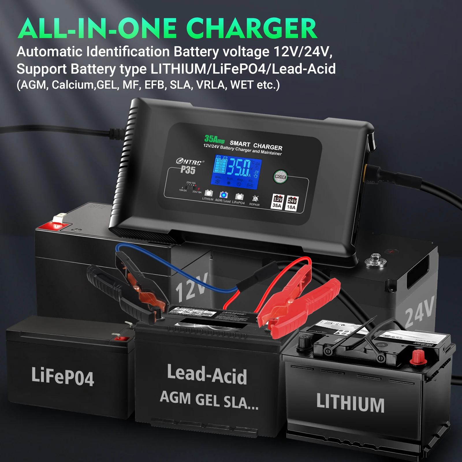 HTRC 35A Car Battery Charger 12V/35A 24V/18A Smart Charger for PB LiFePO4 Lead-Acid Battery 7-Stage Automatic Motorcycle Charger