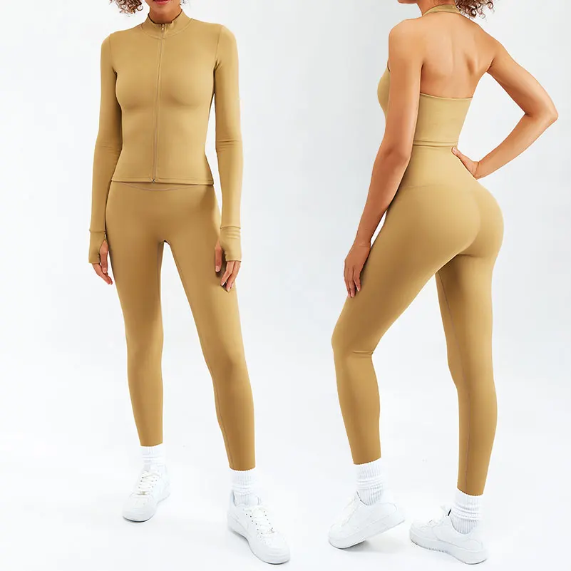 3Pieces Women Home Gym Fitness Set Workout Slim Fit Coat Wear Clothing Suit Sport Bra Yoga Legging Zip Long Sleeve Yoga Set