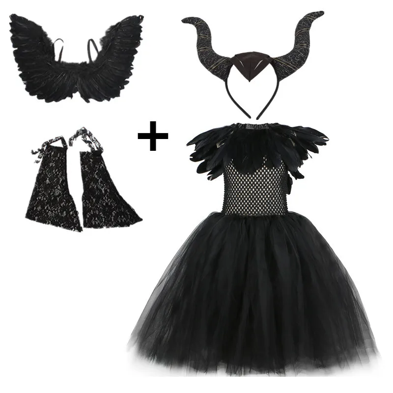 toddler Kid Baby Girls Magnificent Witch Halloween Cosplay Black Gown with Horn Headpiece Wings Fancy Dress up Costumes
