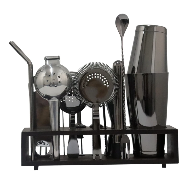 
bartender kit Bamboo Stand Mirror Cocktail Shaker Set Stainless Steel Twenty-Piece Set Bar Set 