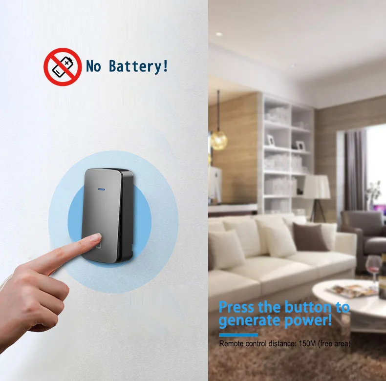 Wireless Plug Through Doorbell with Additional Socket with kinetic battery free bell push button no need battery