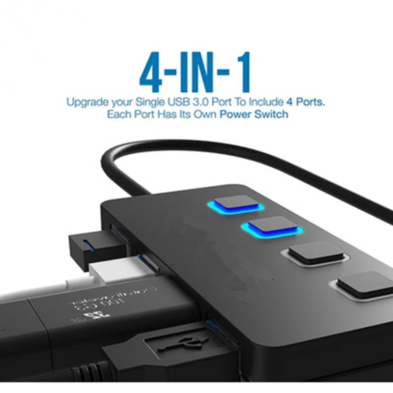 4-Port USB 2.0 3.0 4 in 1 Data Hub with Individual LED lit Power Switches for Mac & PC mobile charger cabinet & laptop computer