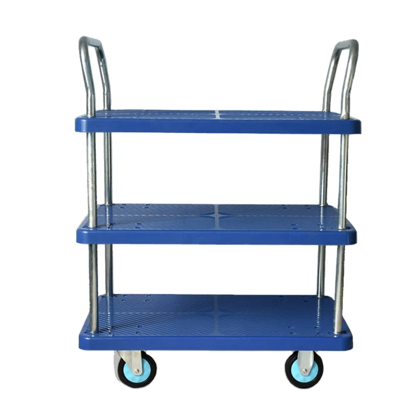 Good Price 3 Layers Plastic Push Trolley Silent Wheels  Platform Cart Hand Truck Tool Cars With Double Handles
