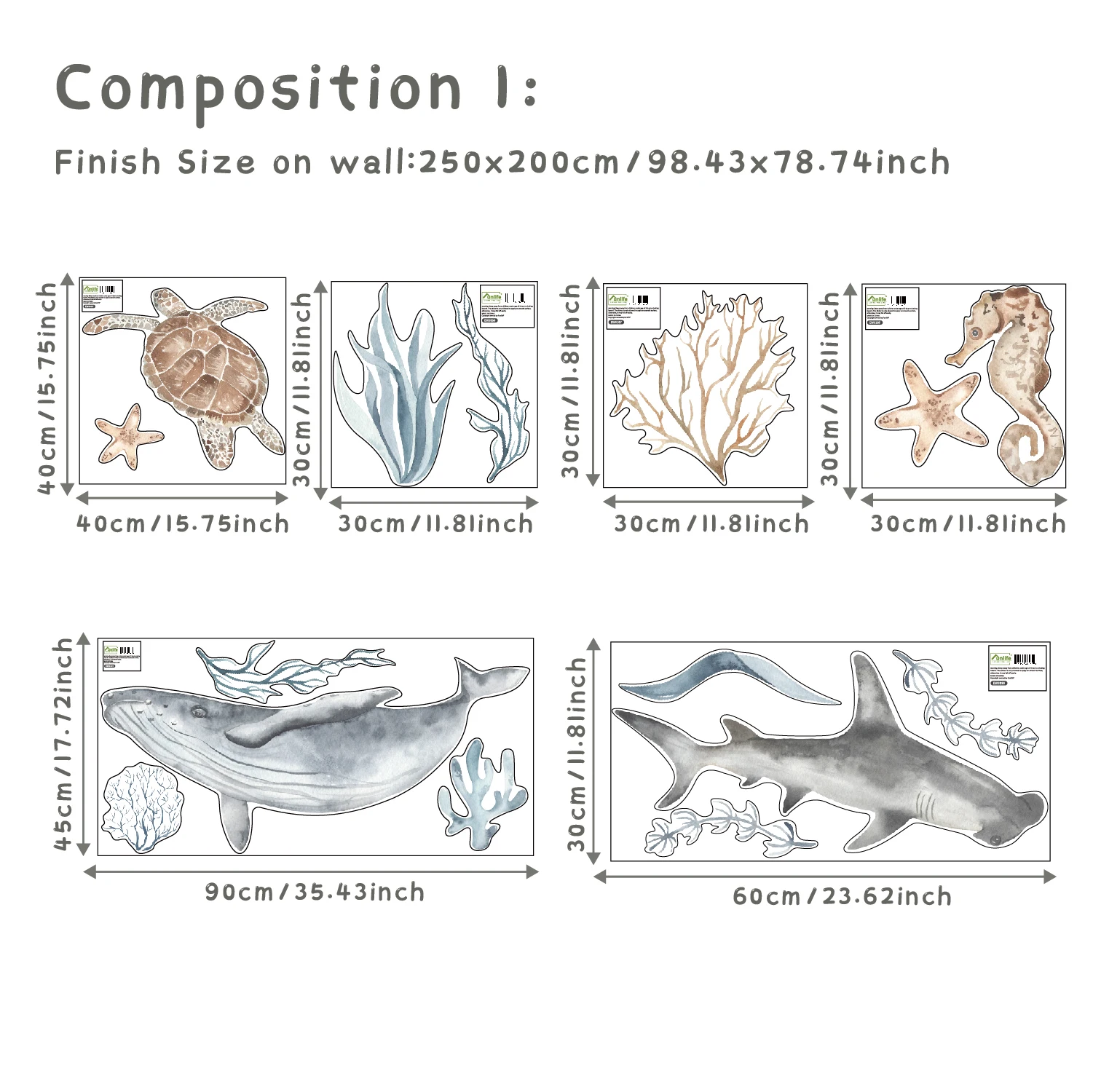 Funlife BDEWS013  Nordic watercolor underwater animal world Big Size Room Decoration Wall Stickers