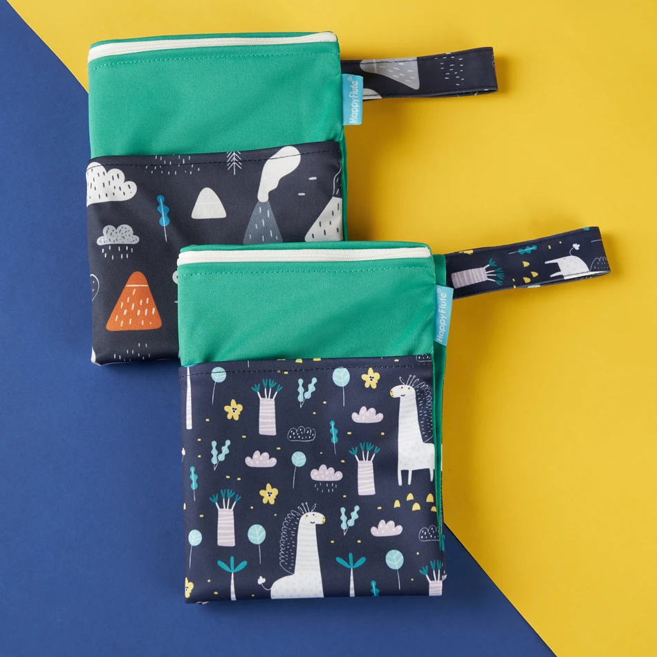 Happyflute 2-Pack Tote Polyester Baby Cloth Diaper Wet Dry Bags Waterproof Reusable with Two Pockets Logo Pattern for Swimwear