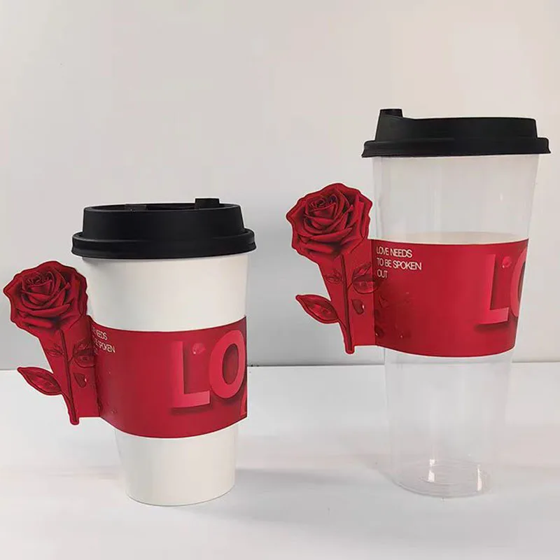 Red Rose Cup Sleeve Insert Card Milk Tea Cup Custom Logo Disposable Waterproof Paper Sleeves