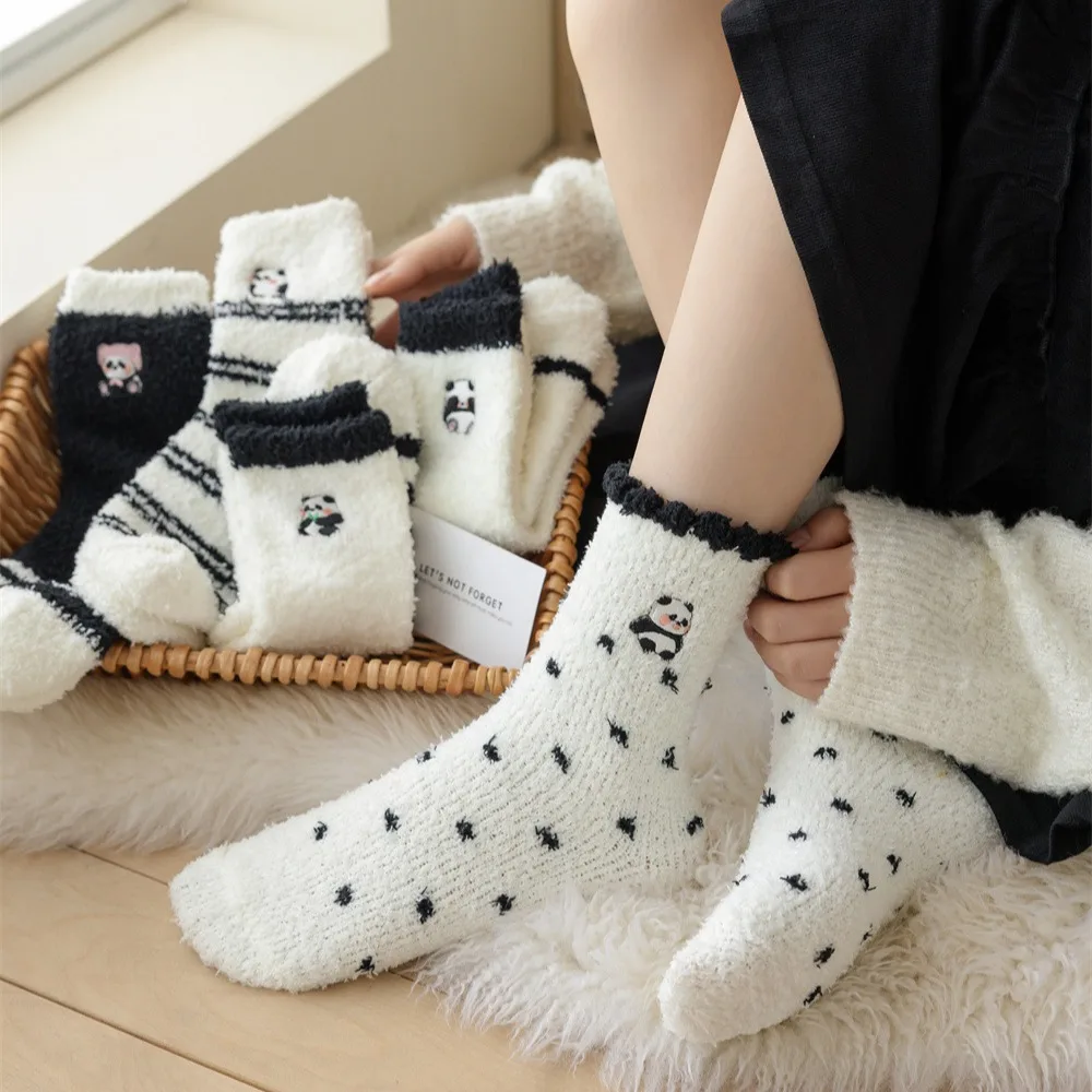 2024 Winter Girls Cute panda fluffy socks coral fleece thick winter floor socks women fuzzy socks