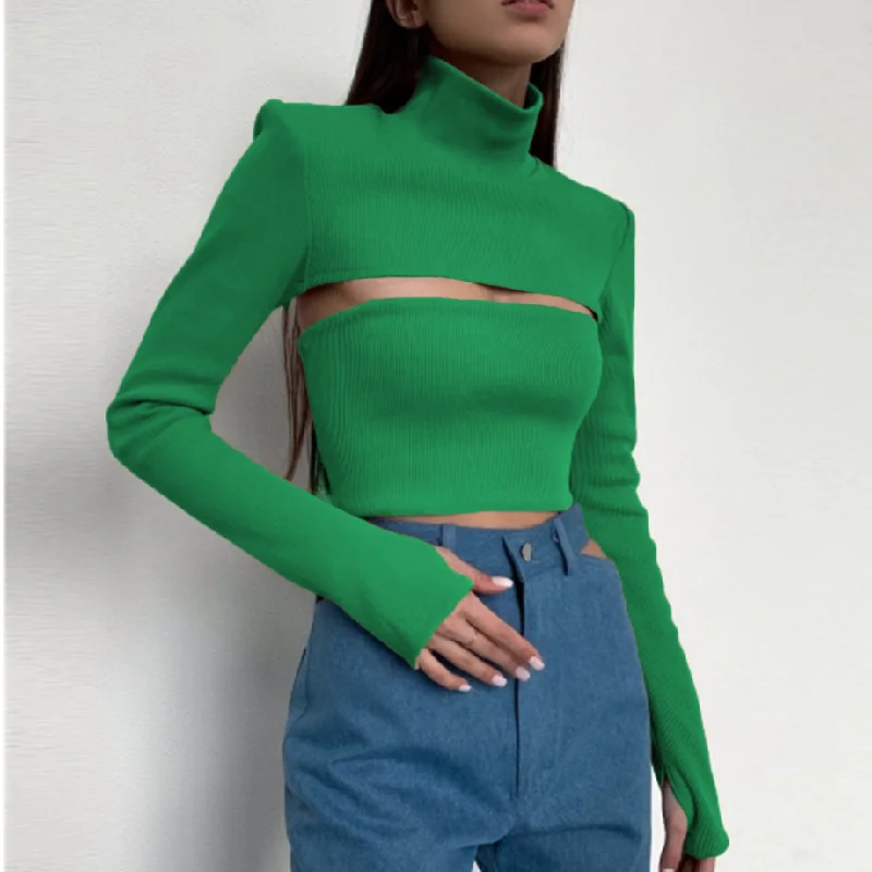 Hollow Out Crop Top Fall High Neck Ribbed Bodycon T Shirt Tight Long Sleeve Crop Top Wholesale Crop Top Two Piece Set