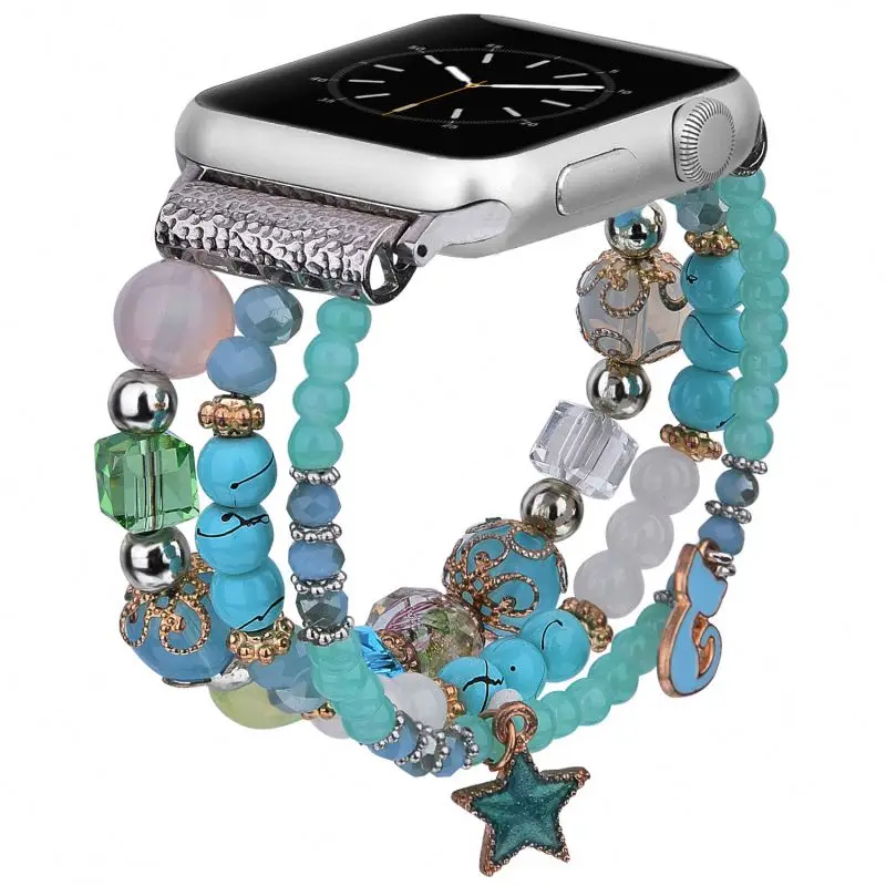for Apple Watch Band 42mm 44mm, Handmade Elastic Stretch Turquoise Natural Tiger Eye Beaded Bracelet Band for iWatch 5/4/3/2/1