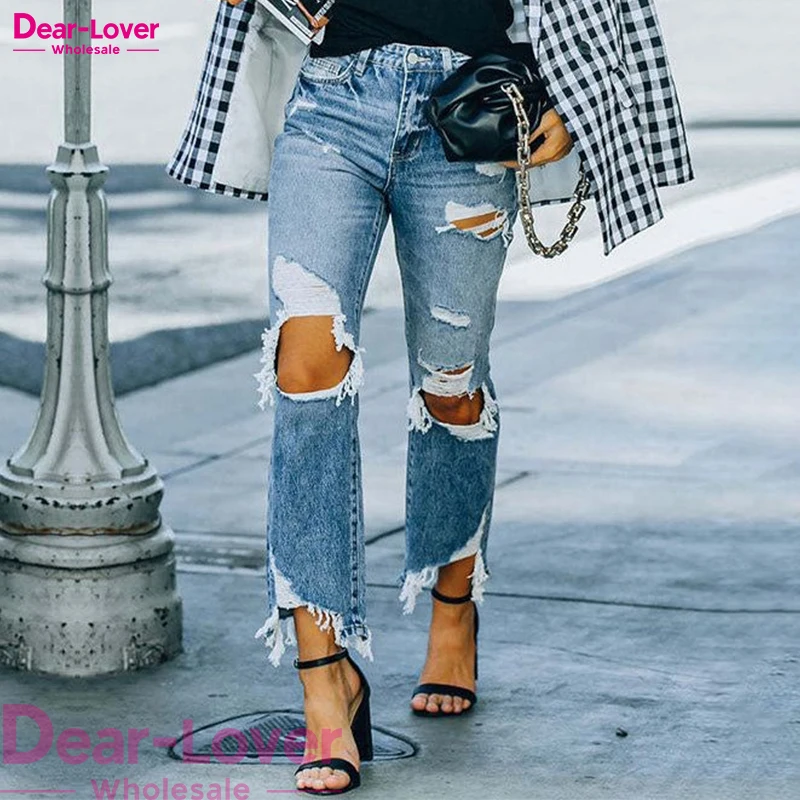 Dear-Lover Wholesale Distressed Holes Denim Trousers For Ladies Casual Ripped Jeans Women