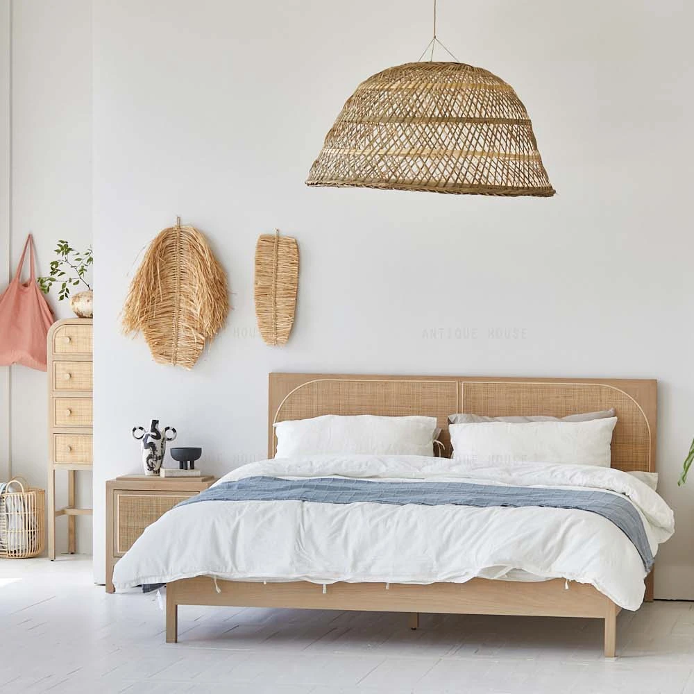 Natural boho furniture Japandi bedroom furniture oak rattan modern bed furniture bed room sets wooden luxury beds