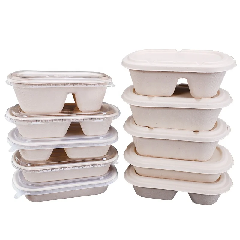 Biodegradable Sugarcane Bagasse Food Tray with Lid Plate Dish Tableware Disposable Sugarcane Food Container 1000ml Plant Pattern