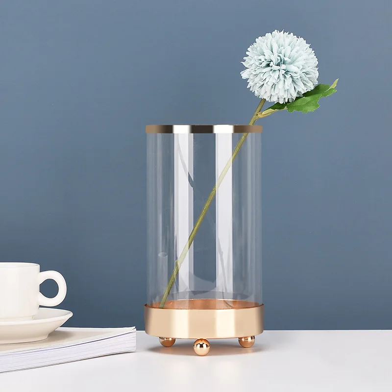 Gold Edge Glass Flower Vase Clear Round Flower Vase with Metal Base Mouthed Metal Vase Decor