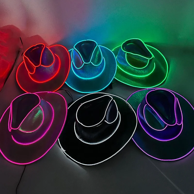 2024 western pink men costume dree up sequin jazz led light up shiny party festival christmas cowgirl cowboy hat cap