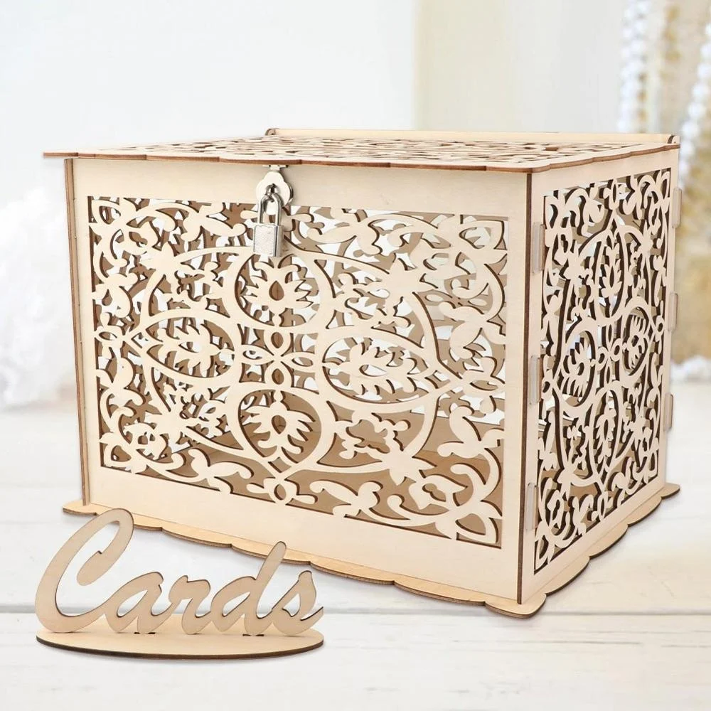 Wholesale Creative DIY Wedding Gift Card Box Wooden Money Box with Lock and Key
