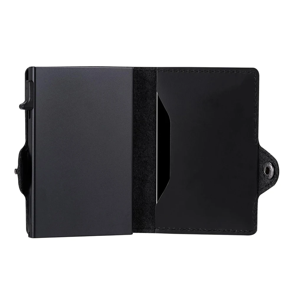 High Quality Oil Wax Smooth Real Leather Pop up Slim Card Holder Wallet Business ID Card Aluminium RFID Protected Smart Wallet