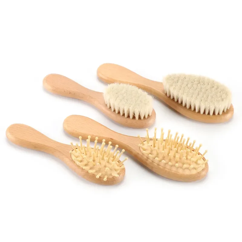 Customize LOGO Eco-friendly Wooden Baby Hair Brush for Newborn Baby Soft Wool Bristles Baby Brush and Comb Set