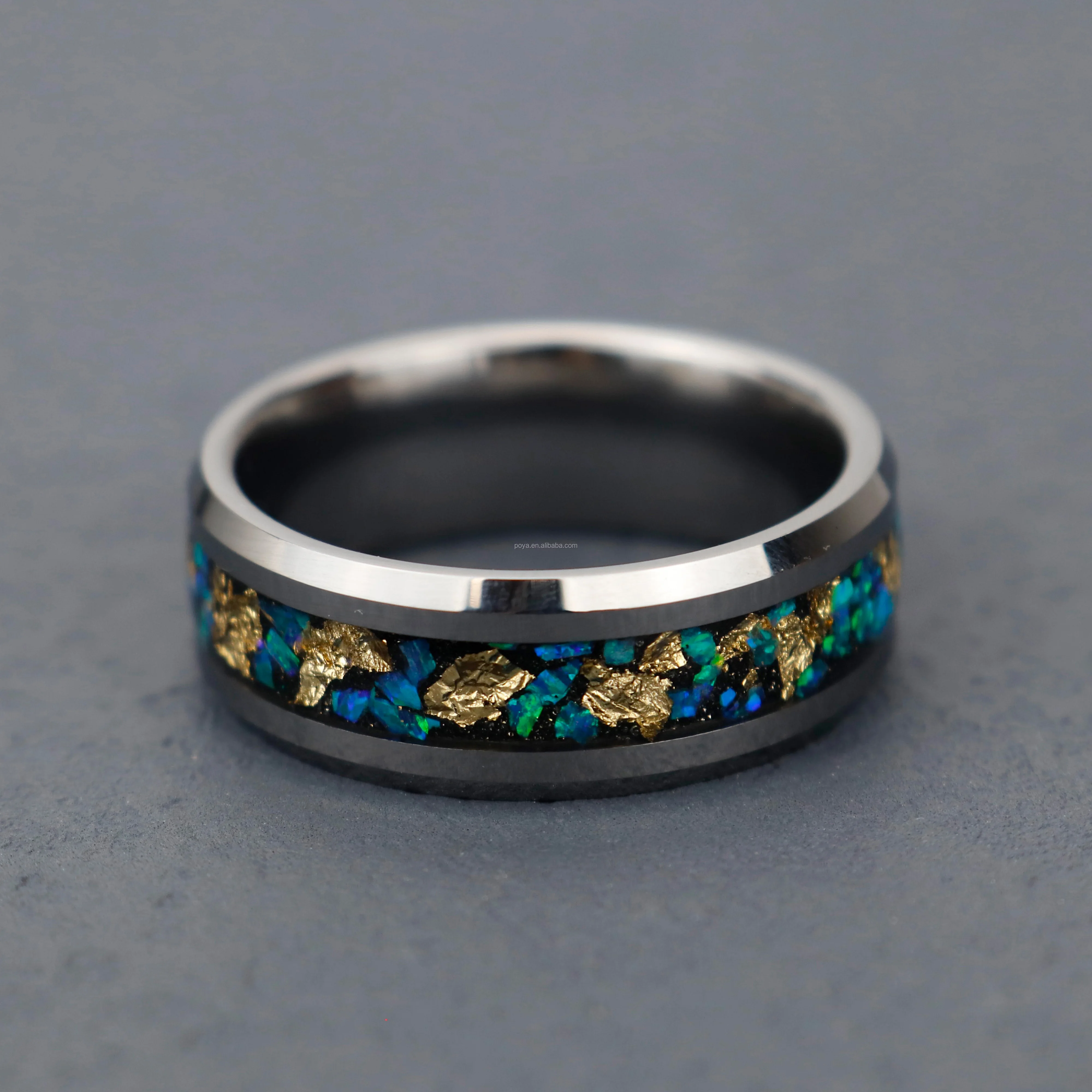 Poya Jewelry Fashion Polished Gold Leaf Blue Opal Sand Stone Men Wedding Ring Inlay Silver Color Tungsten Rings