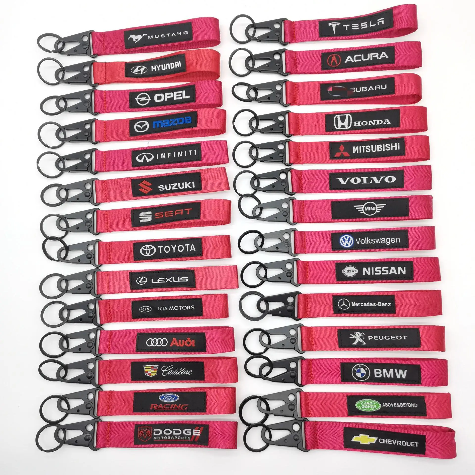 Red car logo embroidery, computer embroidery, car stitching, eagle mouth buckle, keychain, wrist strap, rope, and security key